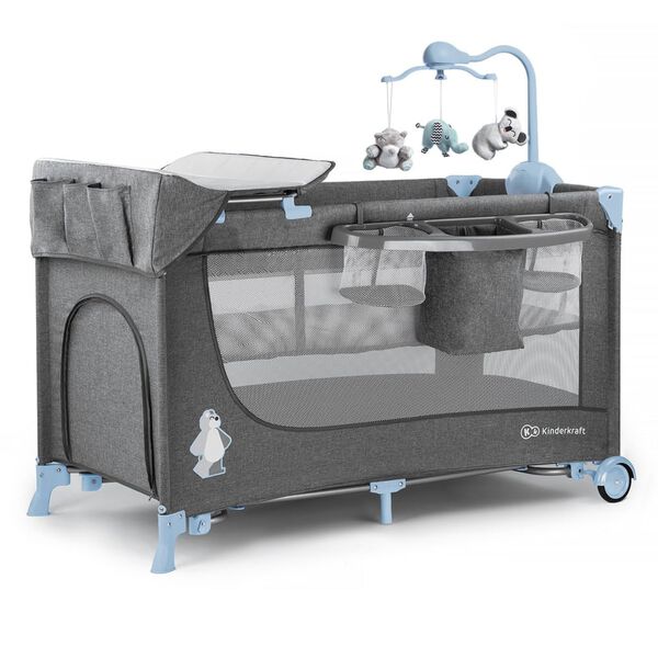 Kinderkraft foldbar babyseng JOY med tilbeh&oslash;r bl&aring; og gr&aring;