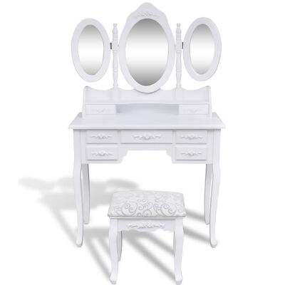 vidaXL toiletbord med taburet og 3 spejle hvid