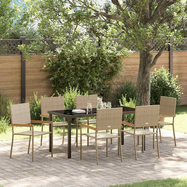 vidaXL Have Spisebordss&aelig;t med pude 7 pcs Beige polyrattan