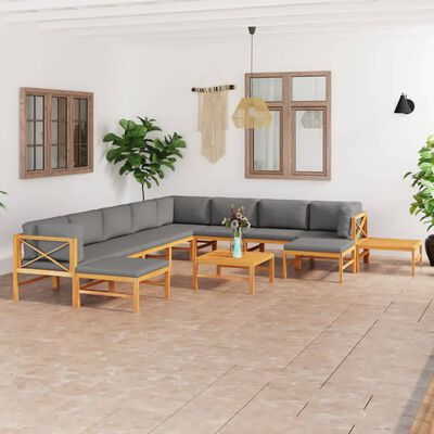 vidaXL loungesæt til haven 12 dele med grå hynder massivt teaktræ