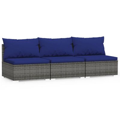 vidaXL 3-personers sofa med hynder polyrattan grå