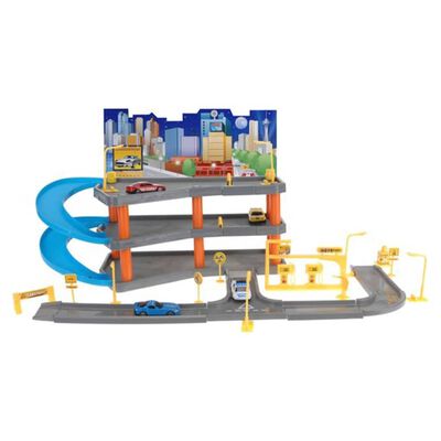 Tender Toys legetøjsparkeringshus med 4 biler 62x31x33 cm grå og blå