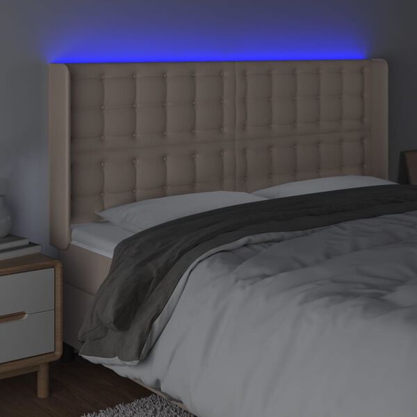 vidaXL sengegavl med LED-lys 183x16x118/128 cm kunstl&aelig;der cappuccino