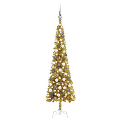 vidaXL kunstigt smalt juletræ med lys og kuglesæt 120 cm guldfarvet