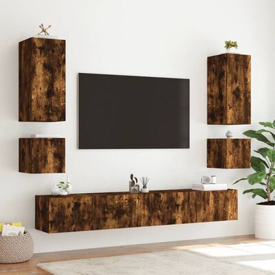 vidaXL tv-møbel til væg 6 dele med LED-lys røget egetræsfarve