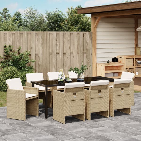 vidaXL Have Spisebordss&aelig;t med pude 9 pcs Beige polyrattan