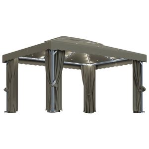 vidaXL pavillon med gardin og LED-lysk&aelig;der 4x3 m gr&aring;brun