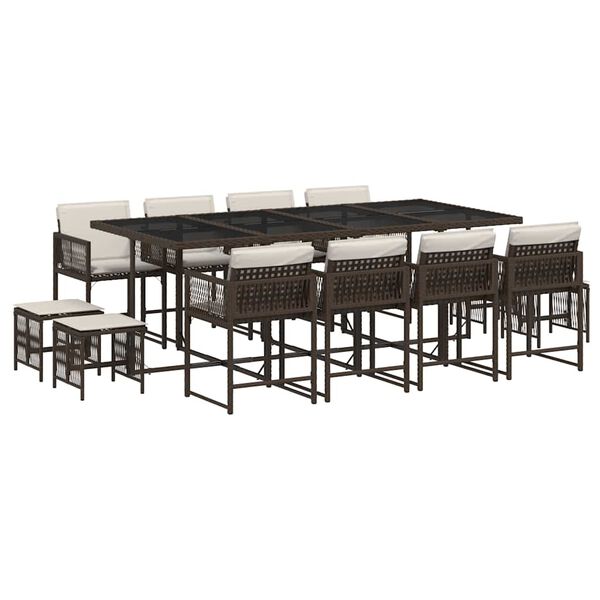 vidaXL spisebordss&aelig;t til haven 13 dele med hynder polyrattan brun