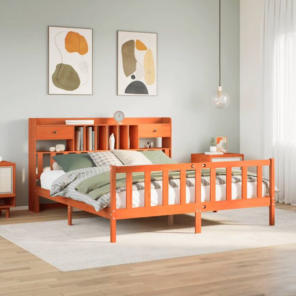 vidaXL seng med reol uden madras 200x200cm massivt fyrretræ gyldenbrun