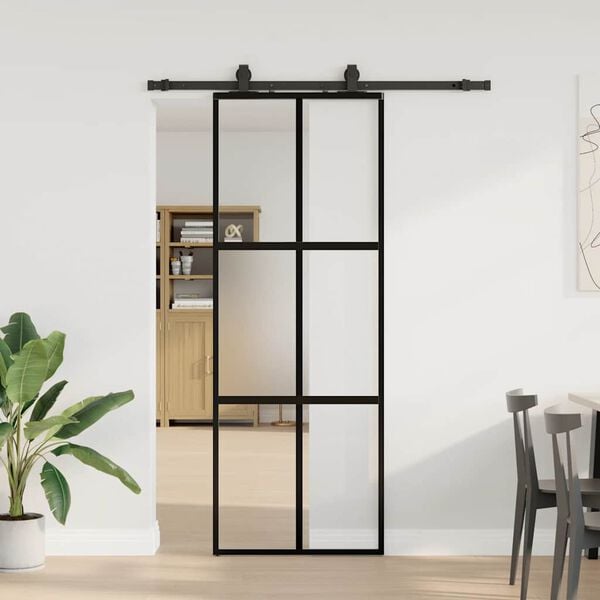 vidaXL skydedør med hardwaresæt 76x205 cm hærdet glas sort