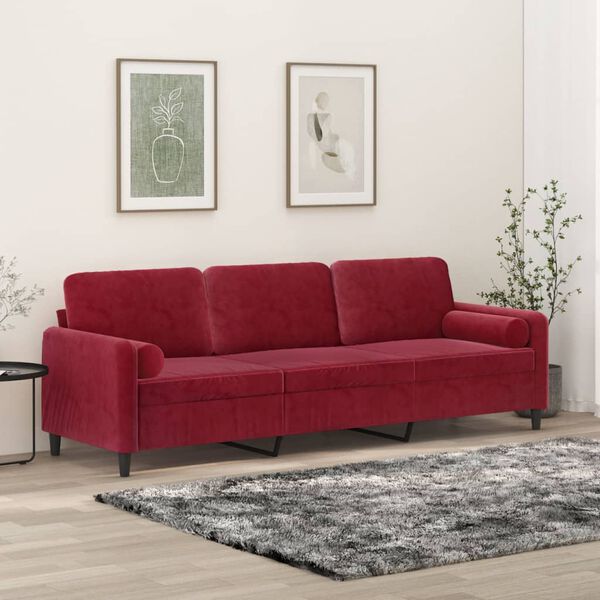 vidaXL 3-personers sofa med puder og hynder 210 cm velour vinr&oslash;d
