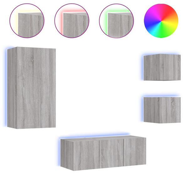 vidaXL tv-m&oslash;bel til v&aelig;g 5 dele med LED-lys konstrueret tr&aelig; gr&aring; sonoma