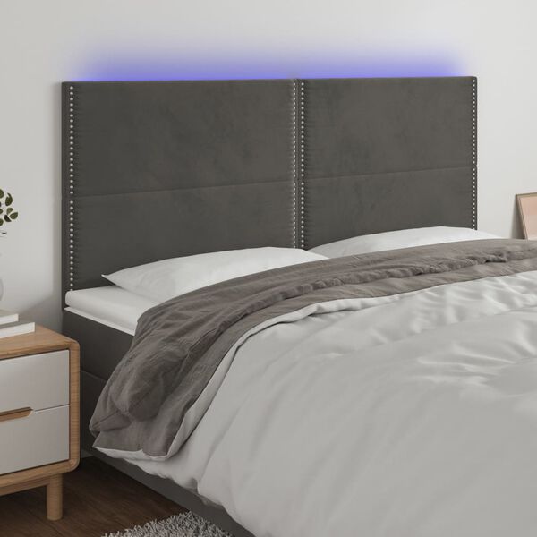 vidaXL sengegavl med LED-lys 180x5x118/128 cm fl&oslash;jl m&oslash;rkegr&aring;
