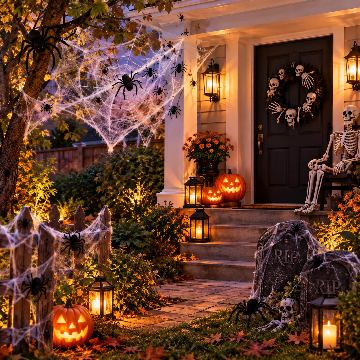 Halloweenveranda og have med spindelvæv, edderkopper og et skelet