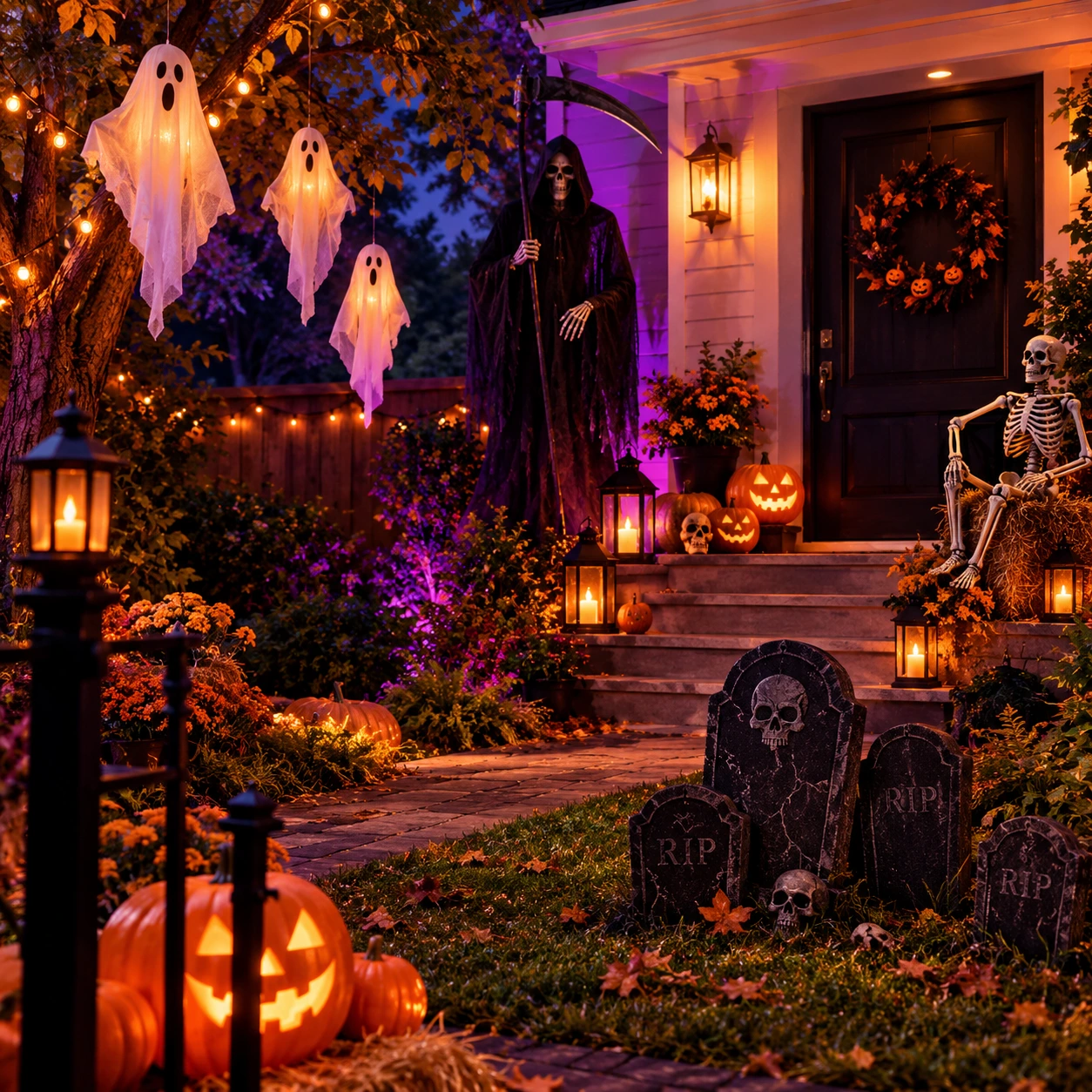 Halloweenhave med hængende spøgelser og manden med leen