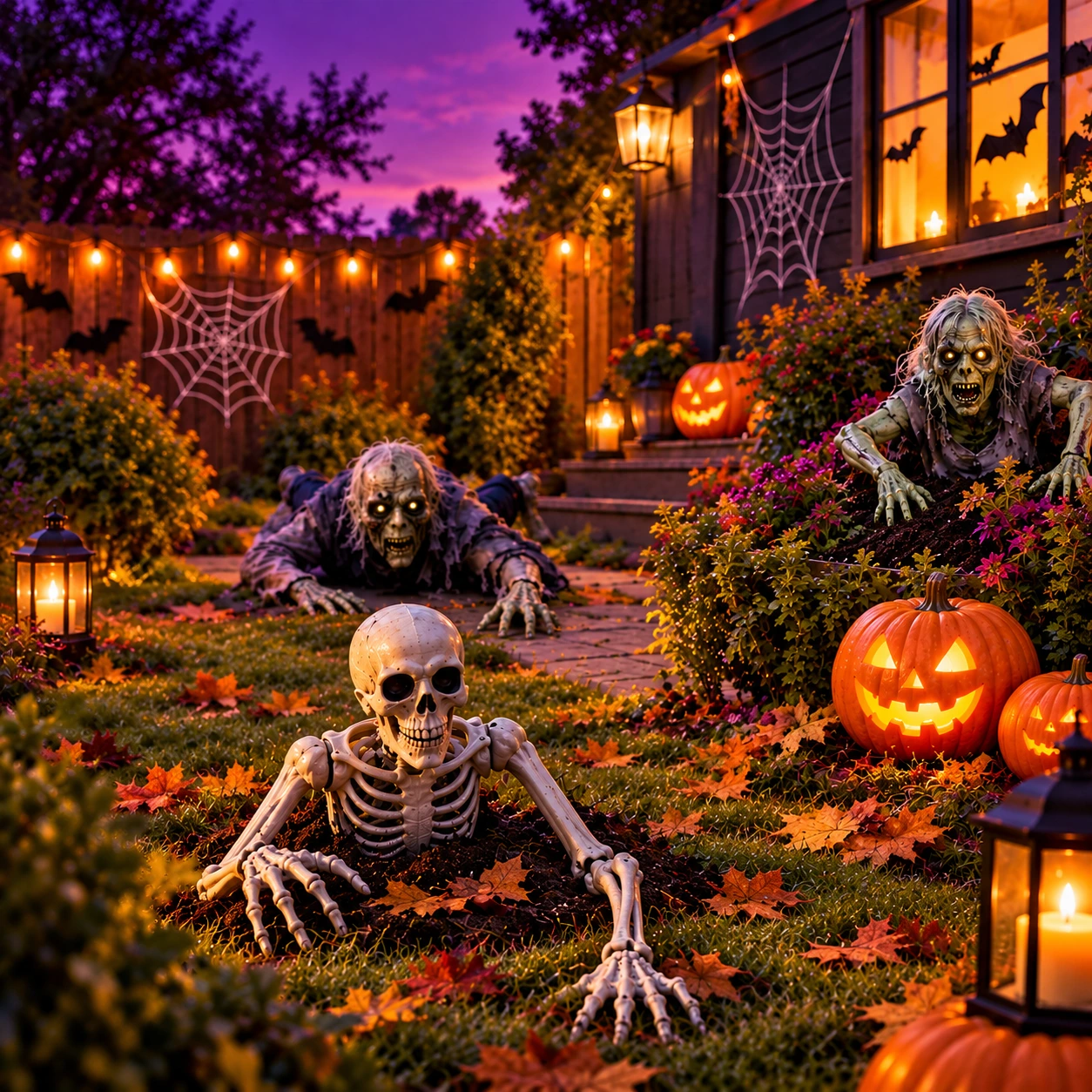Halloweenhave med et skelet, zombier og lysende græskar