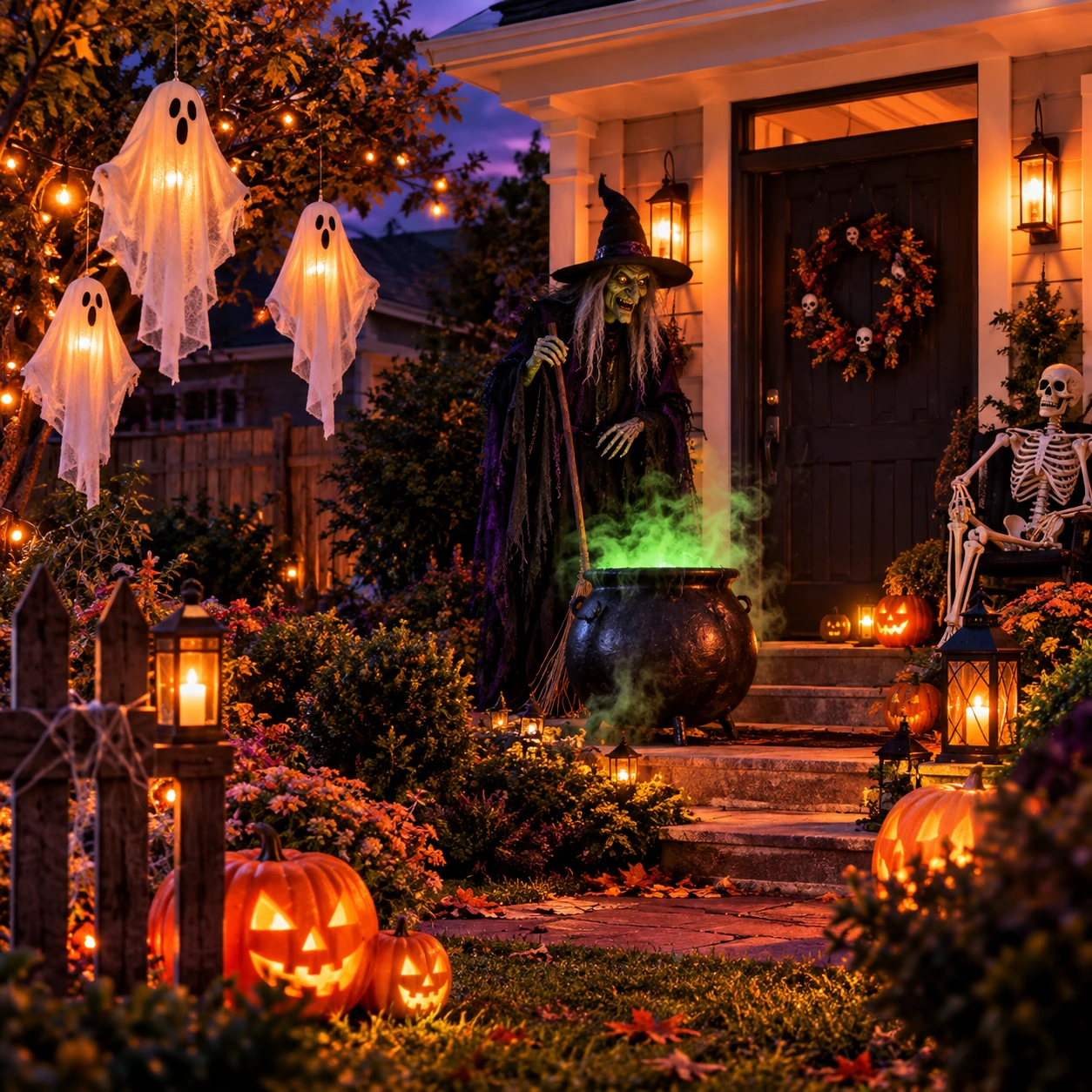 Halloweenveranda med en heks, spøgelser og lysende græskar