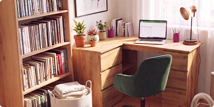 Hjemmekontor med et hjørneskrivebord i træ, ergonomisk grøn kontorstol, laptop, bogreol, skrivebordslampe og stueplanter, som skaber en behagelig og produktiv arbejdsplads til hjemmearbejde.