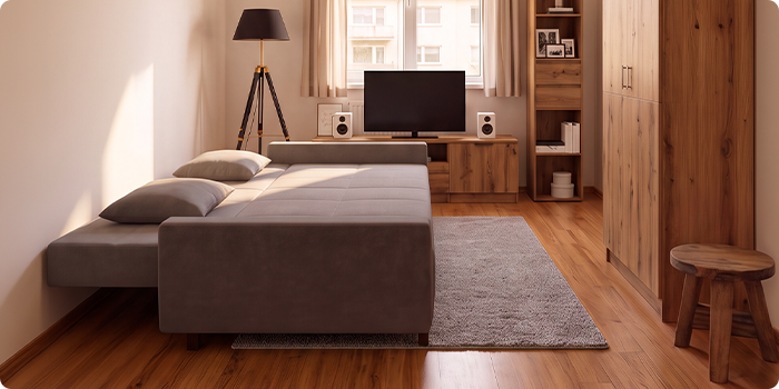 Grå sovesofa vist både som sofa og som helt udslået seng i en moderne lejlighed.
