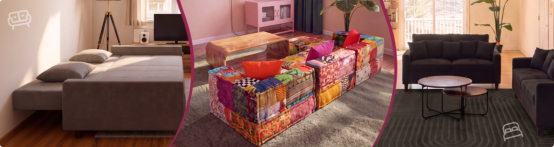 Collage med tre sofastile: en moderne stue med mørke sofaer, en farverig modulsofa i patchwork rundt om et sofabord og en grå sovesofa slået helt ud. Klik for at se sofakollektionen.