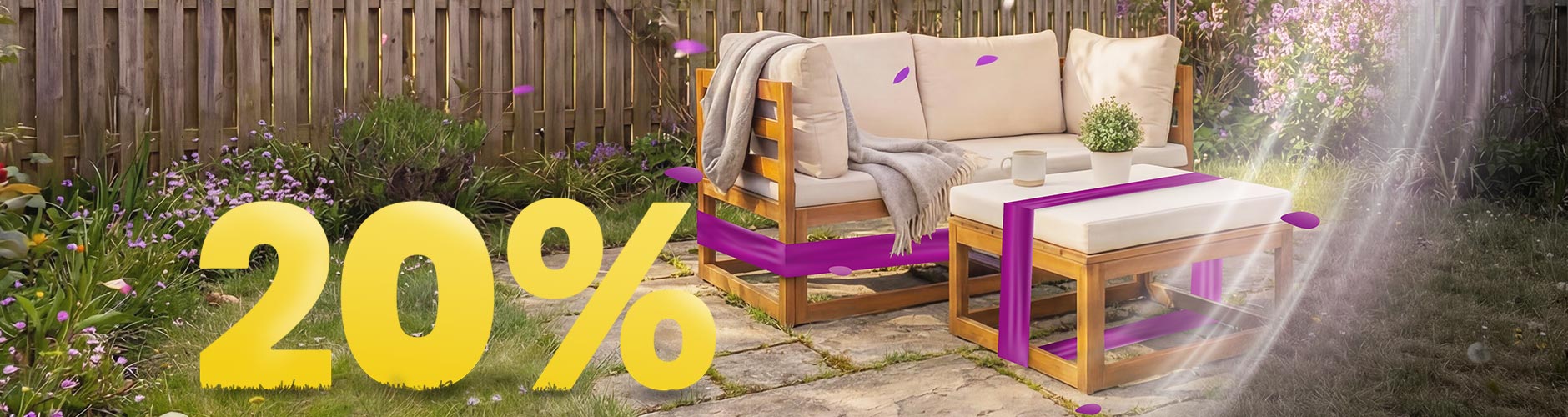 Tresofa med beige hynder og bord under parasol på solrig terrasse, omgivet af blomster og hegn, med banner for 20 % forårsrabat.