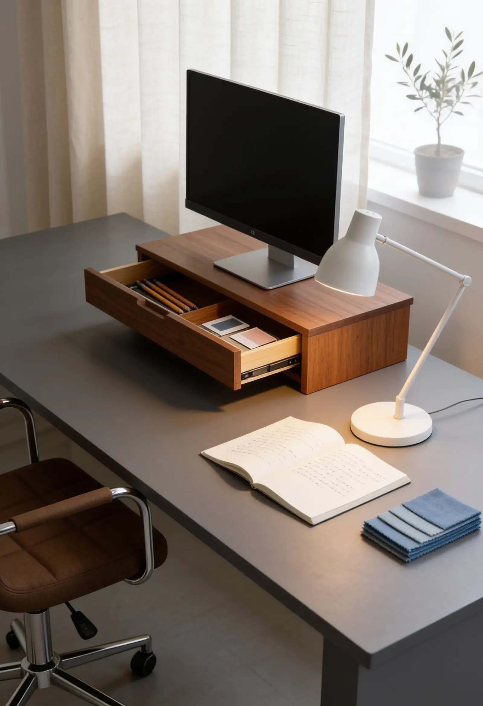 Nærbillede af et moderne gråt skrivebord med en skærmstander i træ med en åben skuffe til kontorartikler, ved siden af en hvid skrivebordslampe, en åben notesbog og en computerskærm.