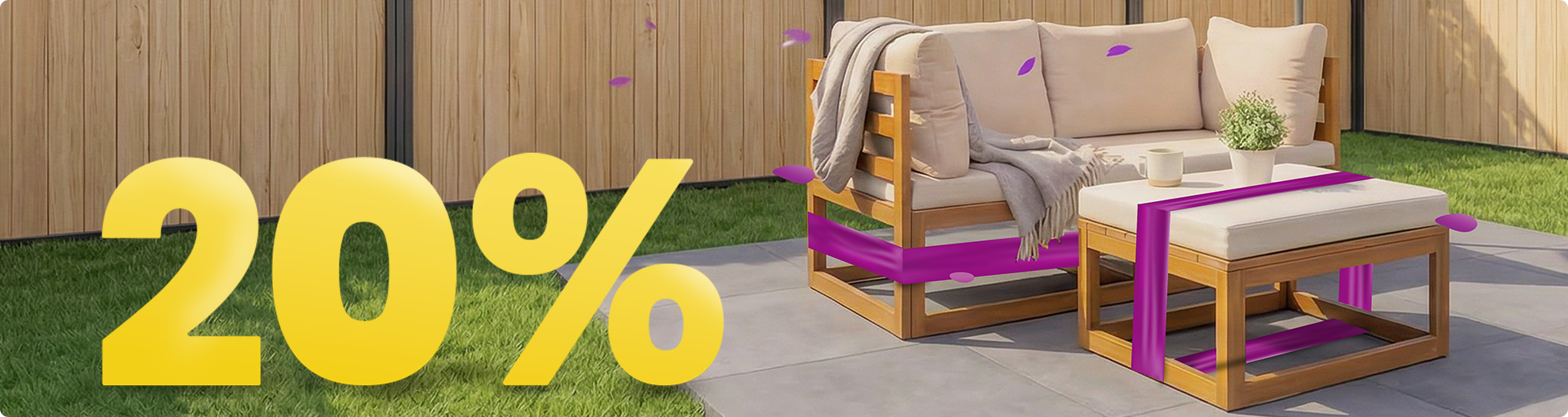 Tresofa med beige hynder og bord under parasol på solrig terrasse, omgivet af blomster og hegn, med banner for 20 % forårsrabat.