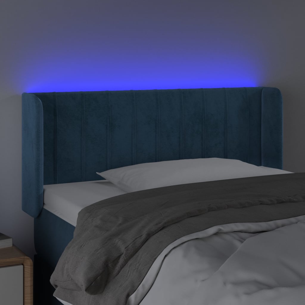 vidaXL sengegavl med LED-lys 83x16x78/88 cm stof Mørkeblå