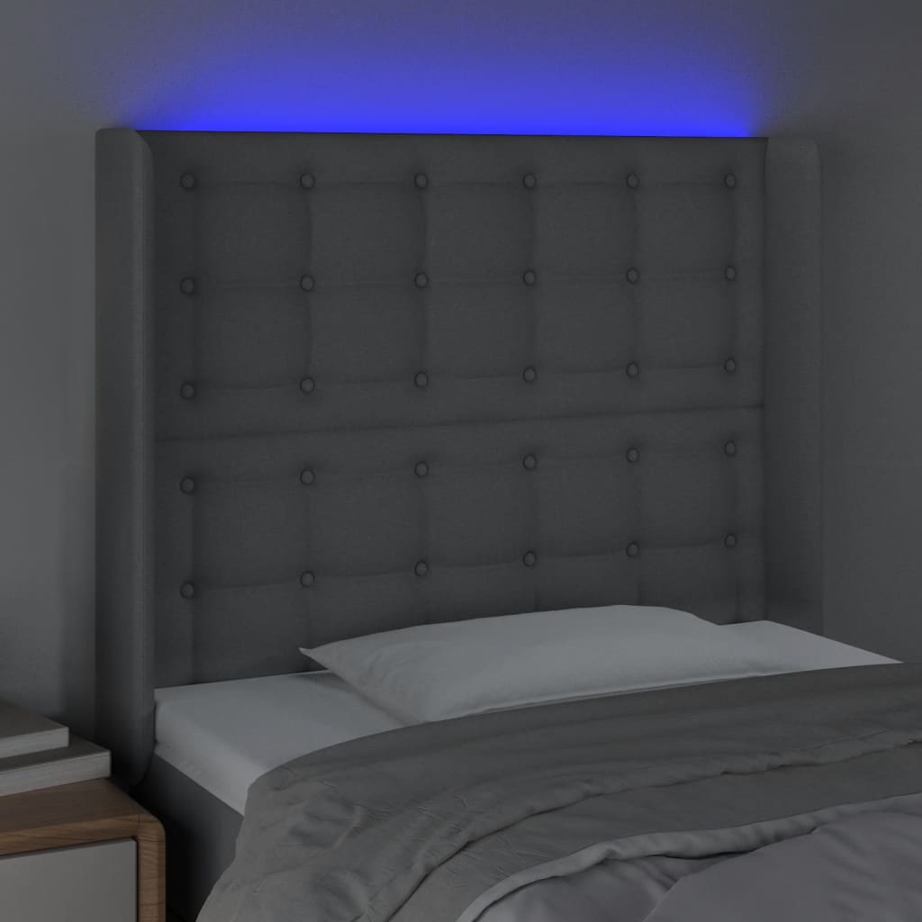 vidaXL sengegavl med LED-lys 83x16x118/128 cm stof lysegrå