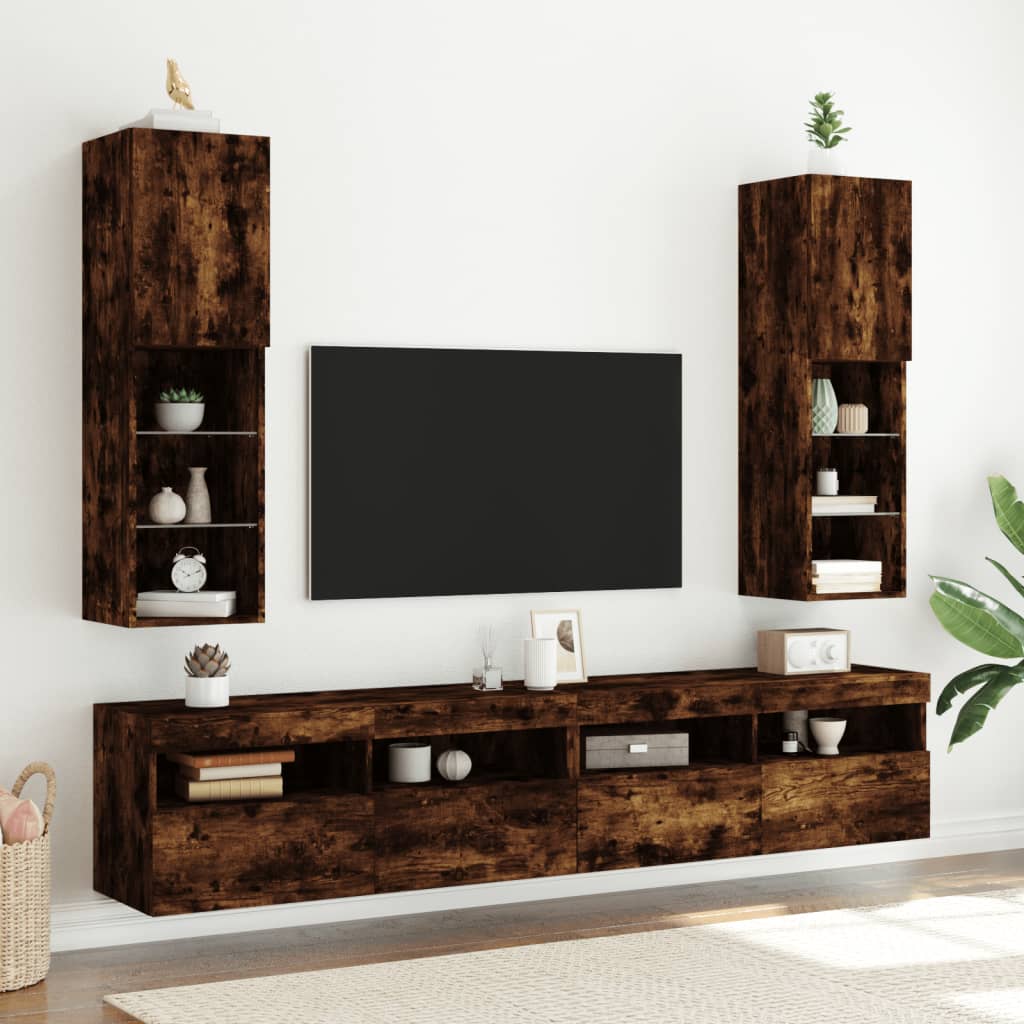 vidaXL tv-borde med LED-lys 2 stk. 30,5x30x102 cm røget egetræsfarve