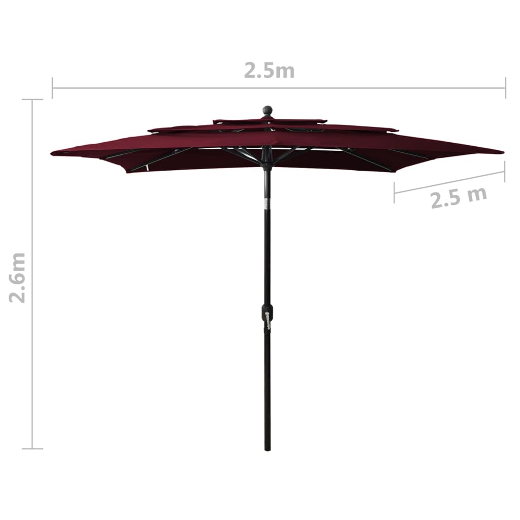 vidaXL parasol med aluminiumsstang i 3 niveauer 2,5x2,5 m bordeaux