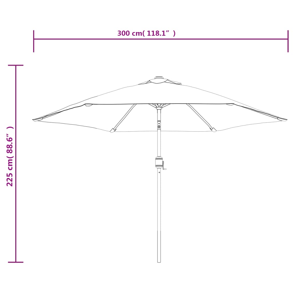 vidaXL parasol m. LED-lys og stålstang 300 cm bordeauxrød