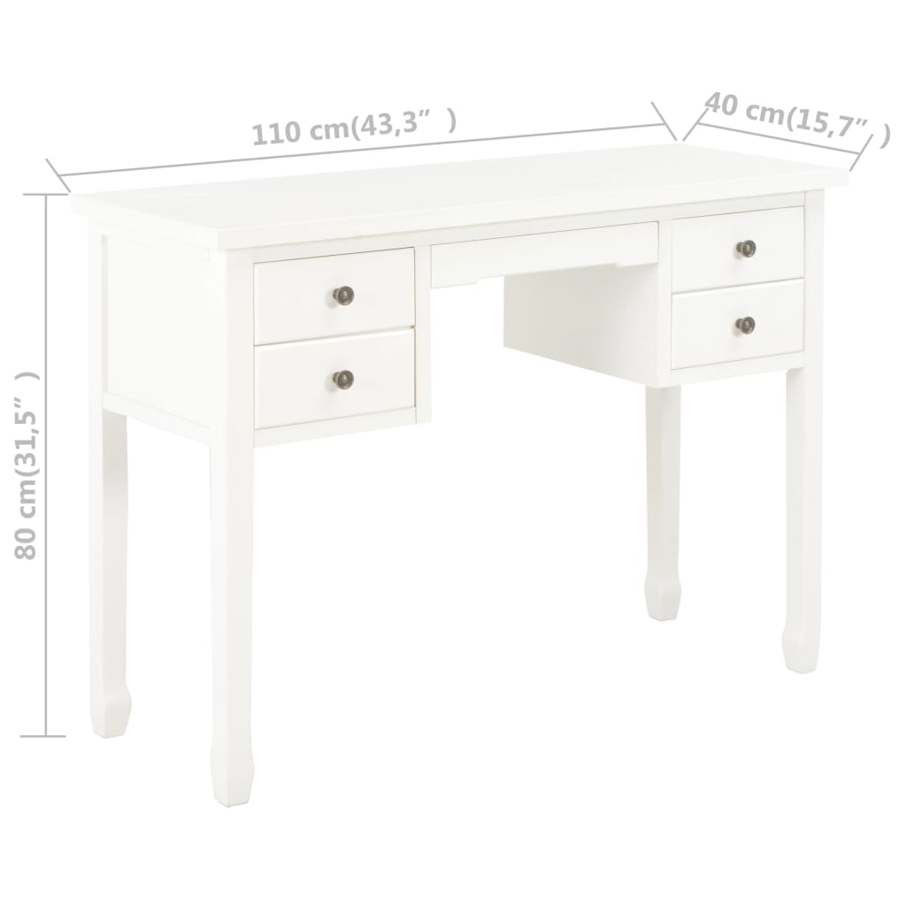 vidaXL skrivebord 110 x 40 x 80 cm massivt træ hvid