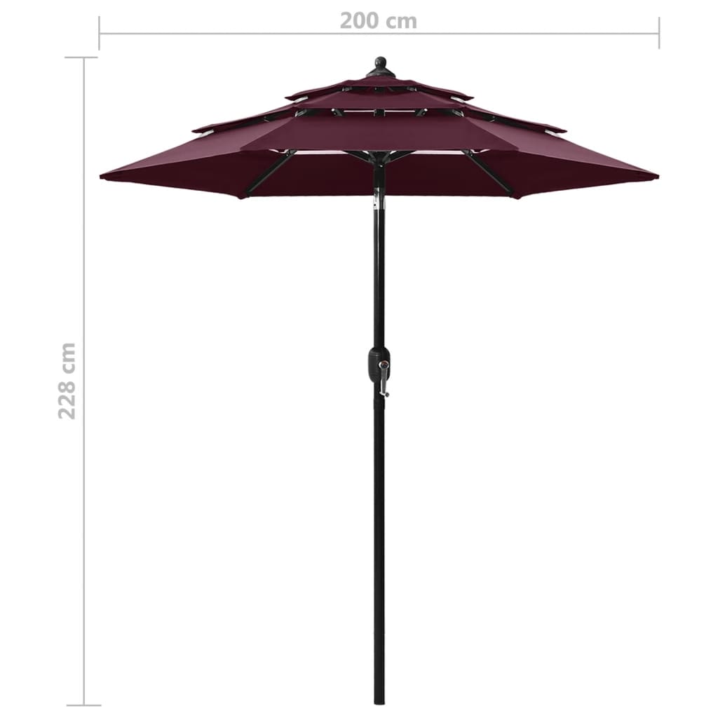 vidaXL parasol med aluminiumsstang i 3 niveauer 2 m bordeaux