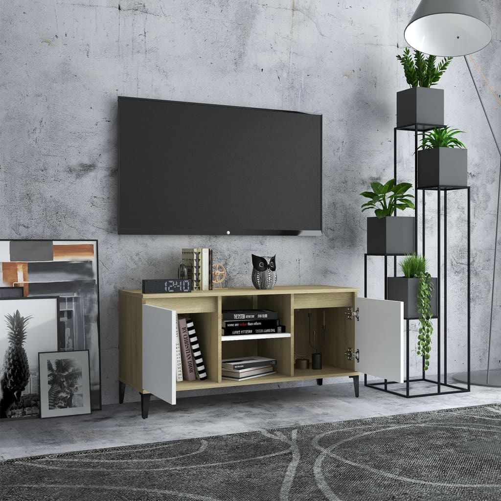 vidaXL tv-skab med metalben 103,5x35x50 cm hvid og sonoma-eg