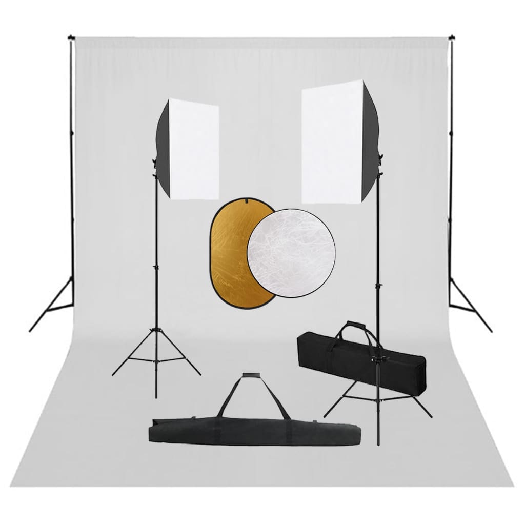 vidaXL fotostudiesæt med softbox-lamper + baggrund og reflektor