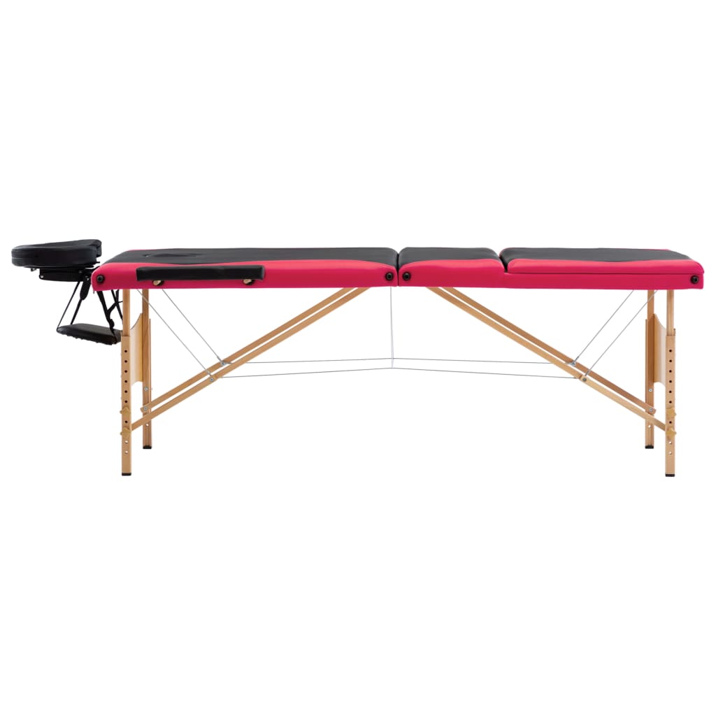 vidaXL sammenfoldeligt massagebord med træstel 3 zoner sort og lyserød