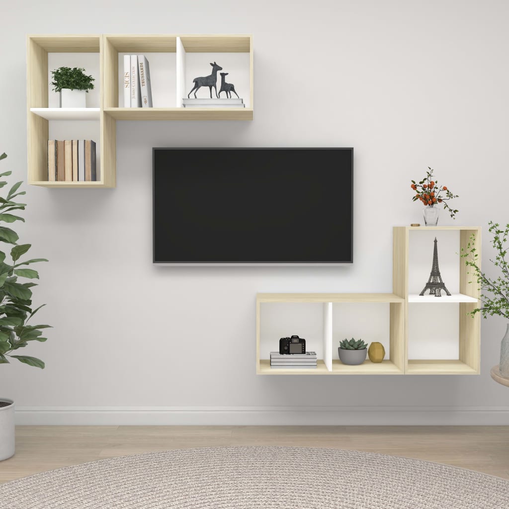 vidaXL vægmonterede tv-skabe 4 stk. konstrueret træ hvid og sonoma-eg