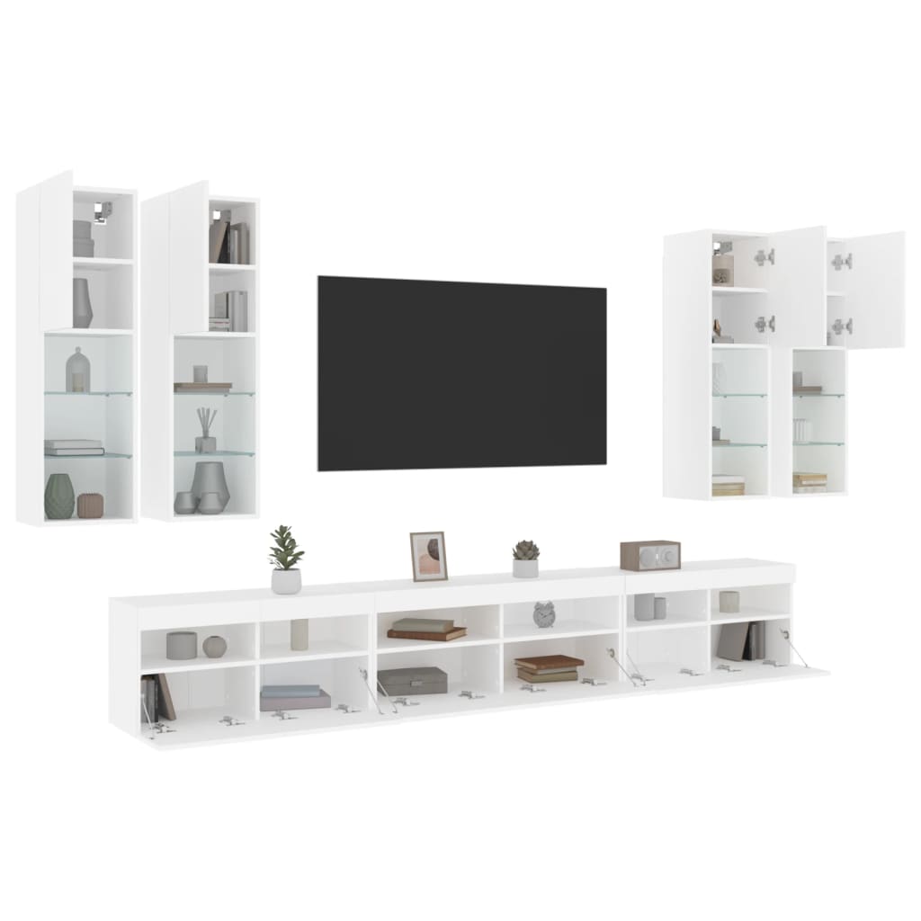 vidaXL væghængt tv-møbel 6 dele med LED-lys hvid
