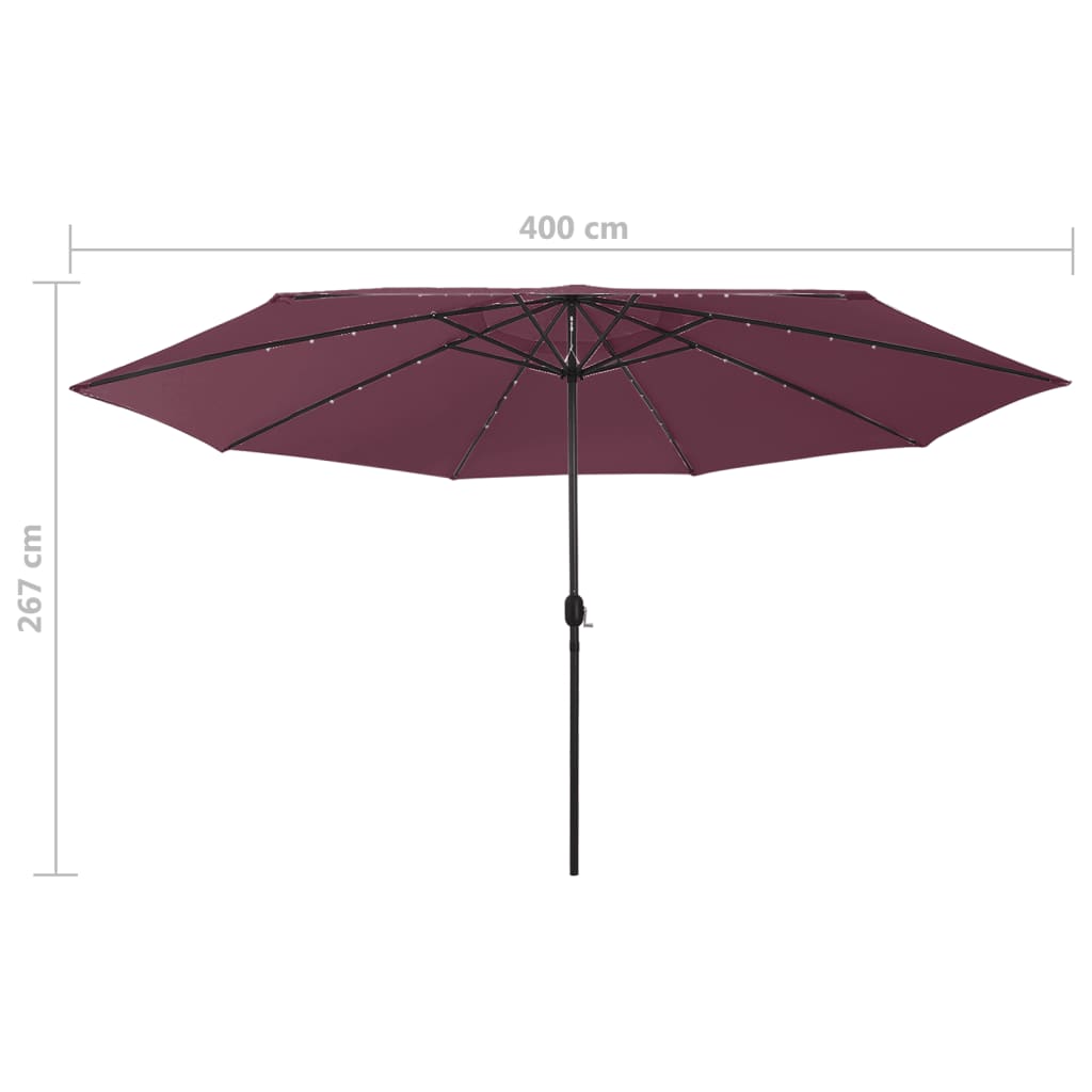vidaXL parasol m. LED-lys + metalstang 400 cm bordeauxfarvet