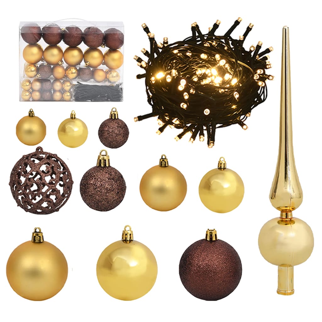 vidaXL julekuglesæt 61 dele med spir 150 LED'er guld- og bronzefarvet