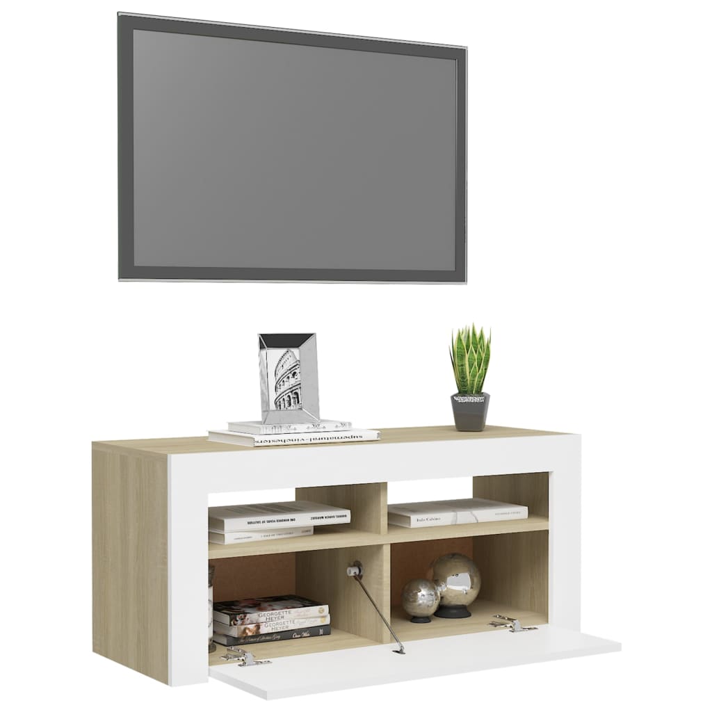 vidaXL tv-skab med LED-lamper 90x35x40 cm hvid og sonoma-eg