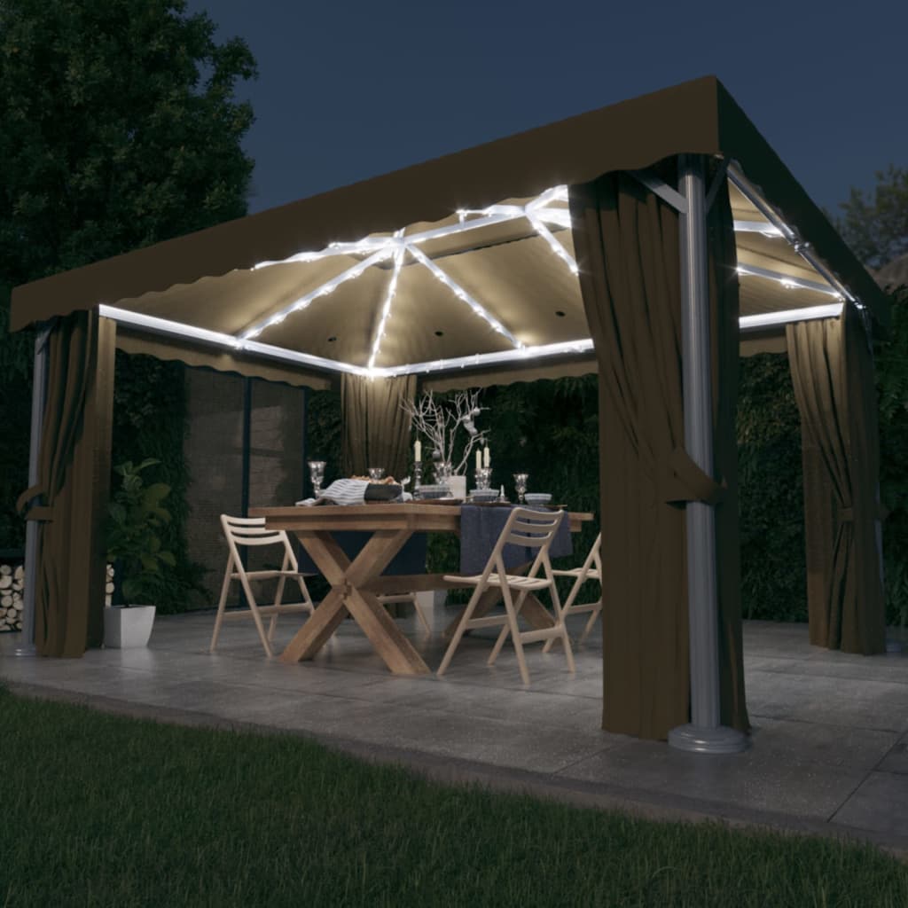 vidaXL pavillon med gardin og LED-lyskæder 4x3 m gråbrun