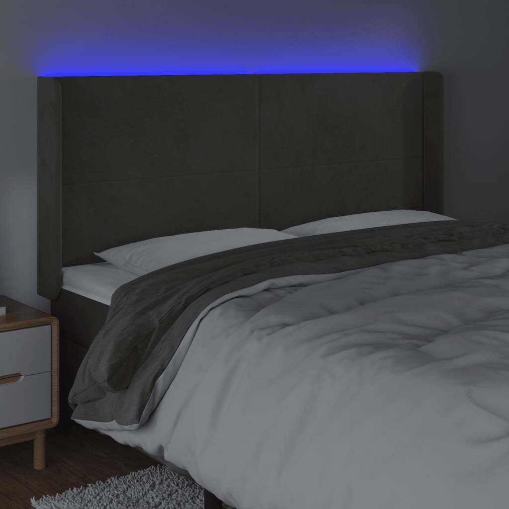 vidaXL sengegavl med LED-lys 163x16x118/128 cm fløjl mørkegrå