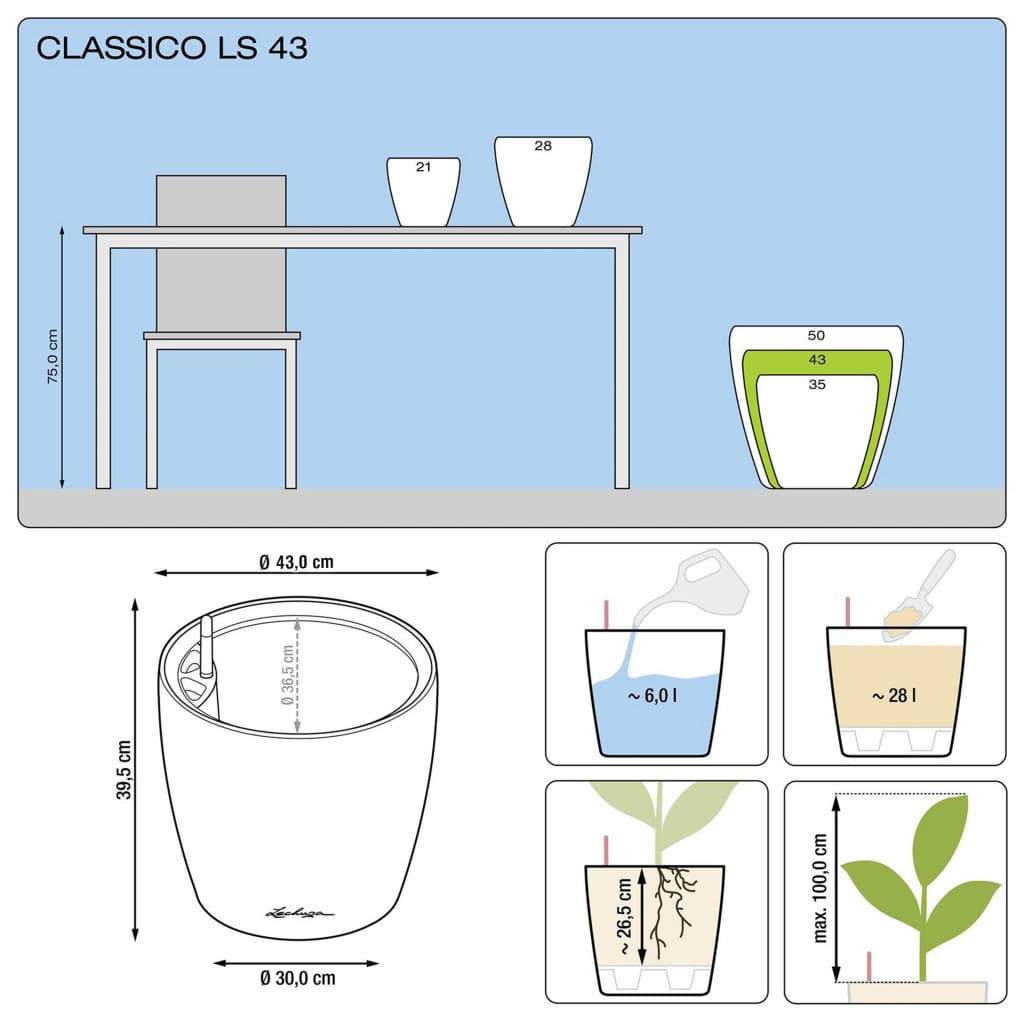LECHUZA plantekrukke CLASSICO LS 43 ALL-IN-ONE metallisk sort 16083