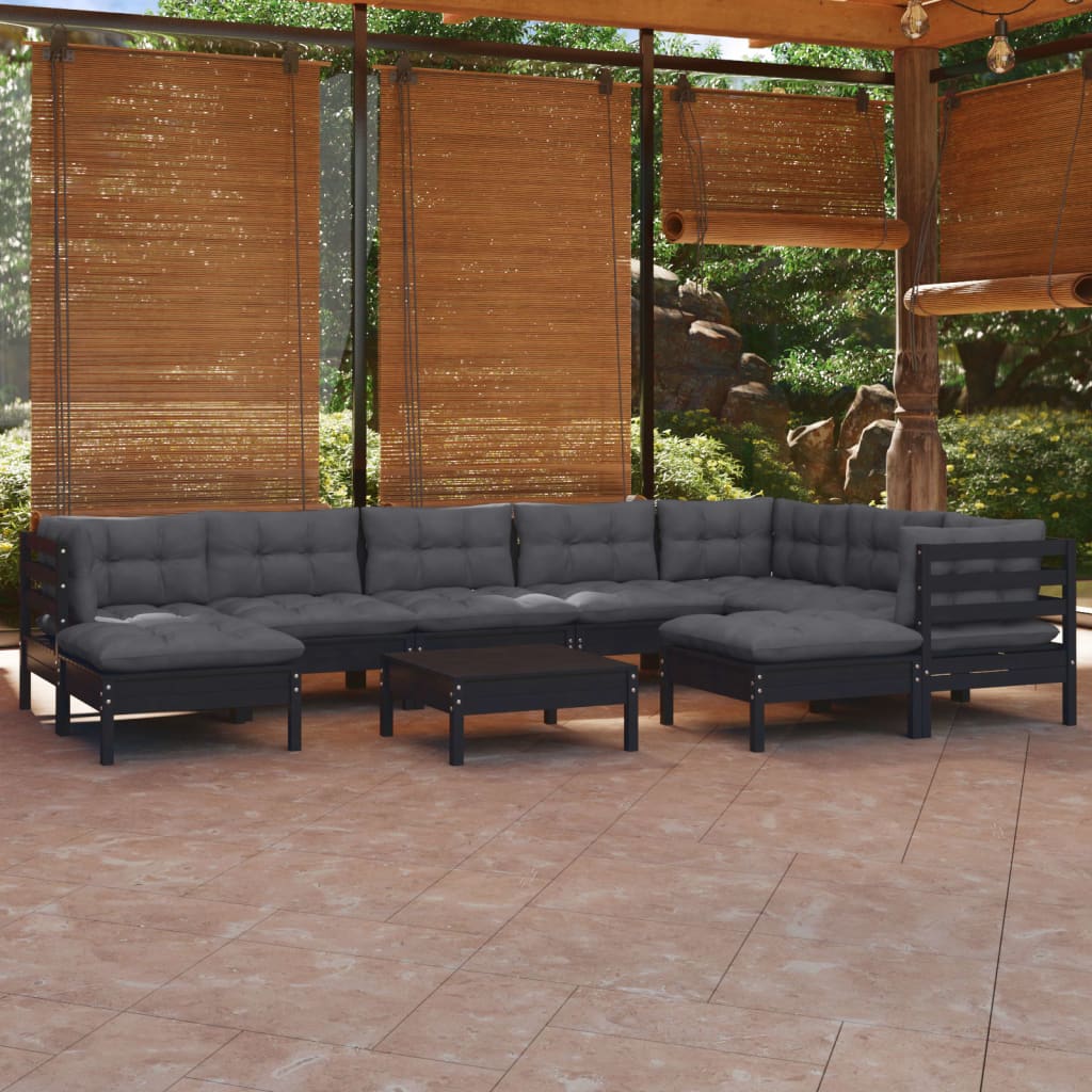 vidaXL loungesæt til haven 10 dele med hynder massivt fyrretræ sort