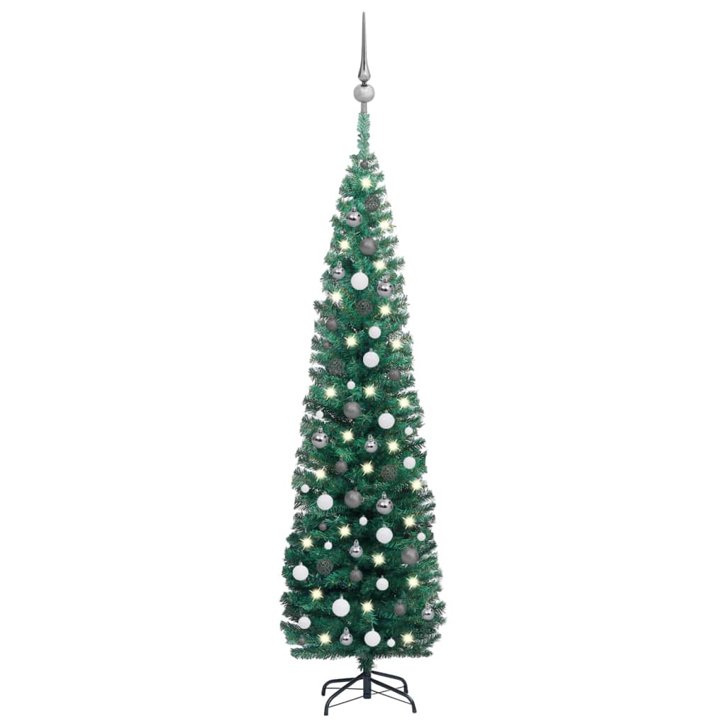 vidaXL smalt kunstigt juletræ med lys og kuglesæt 210 cm grøn