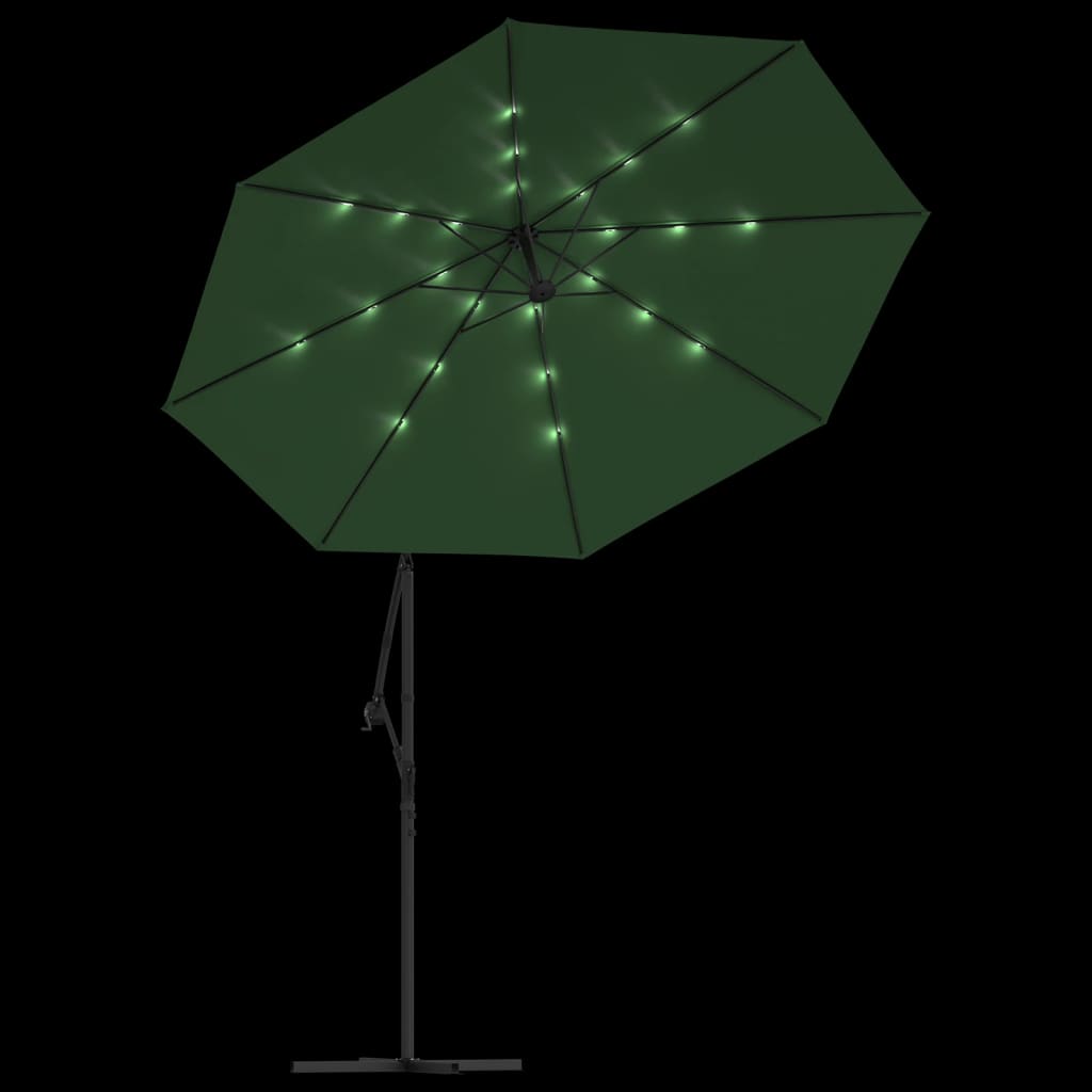vidaXL hængende parasol med LED-belysning 300 cm grøn metalstang