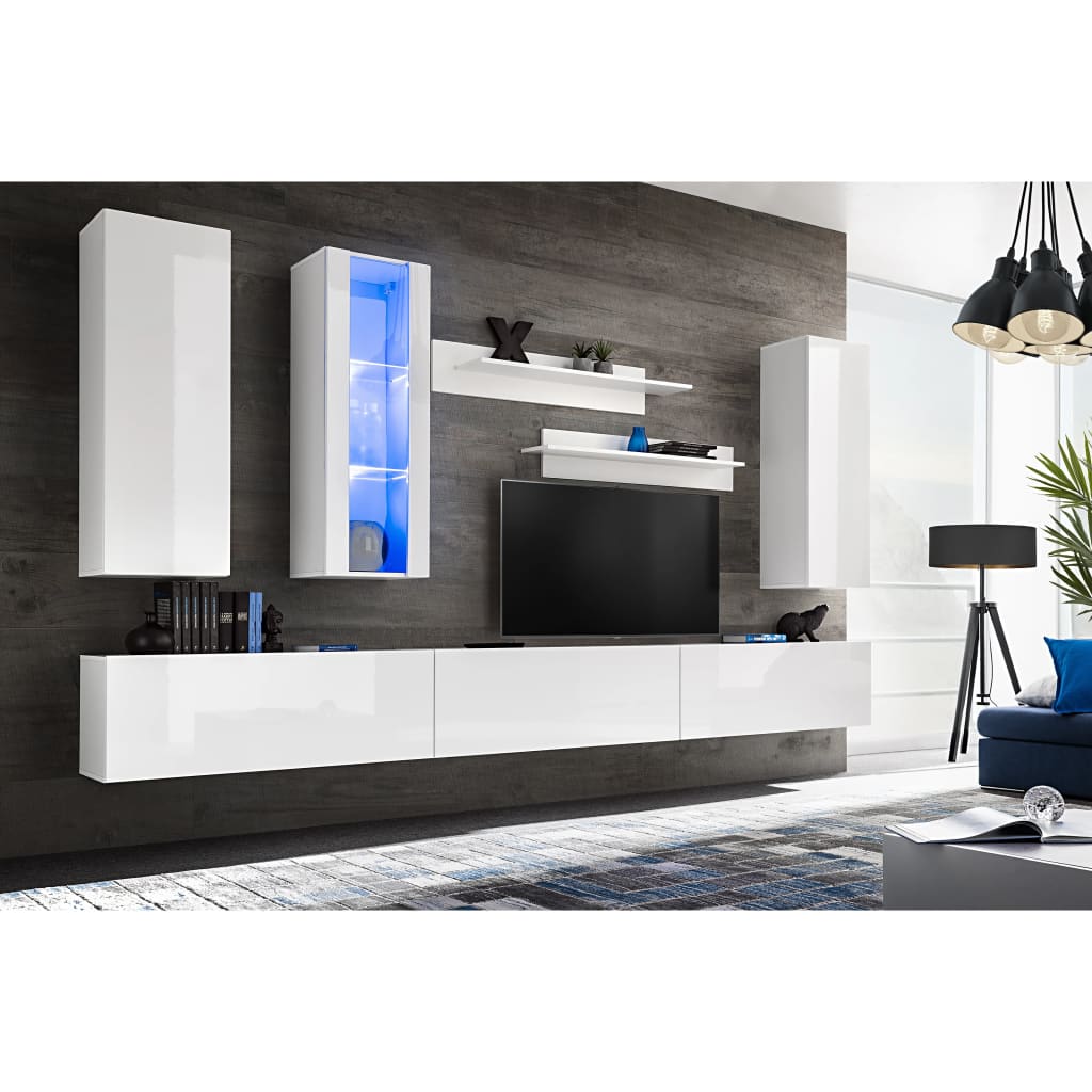vidaXL TV-møbelsæt i 8 dele med LED-lys højglans hvid