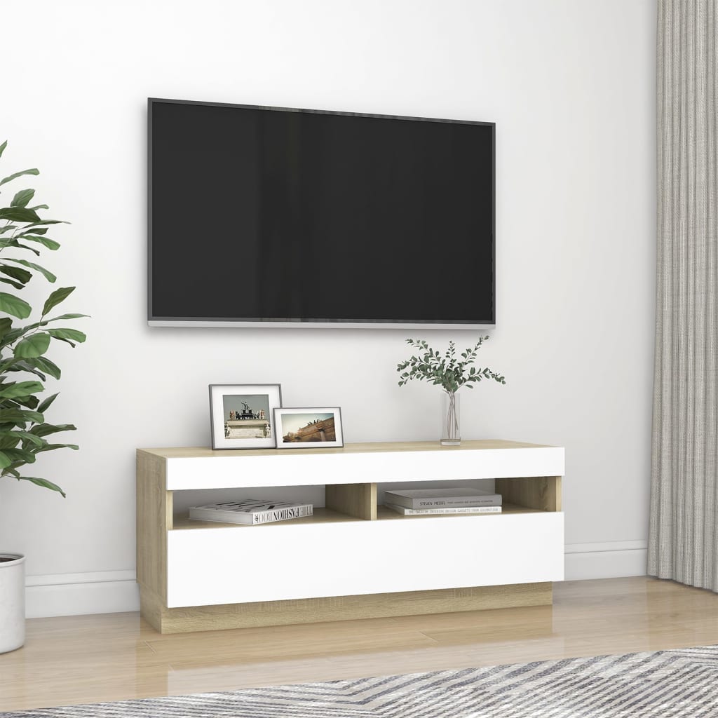 vidaXL tv-bord med LED-lys 100x35x40 cm hvid og sonoma-eg